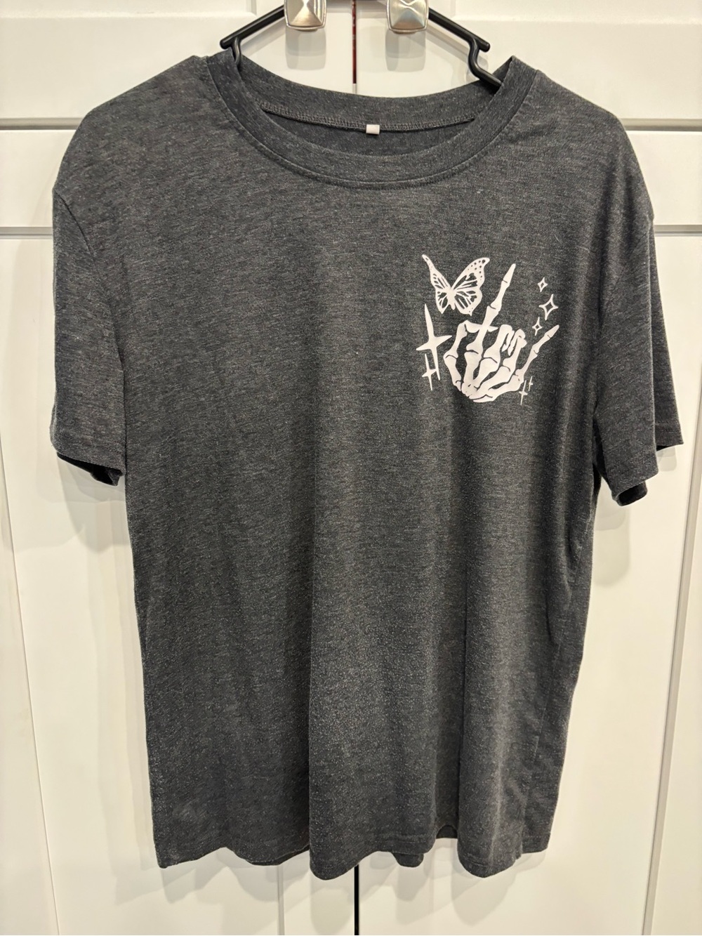 Women's Charcoal Short-Sleeve Graphic Tee with Skeleton Hand & Butterfly